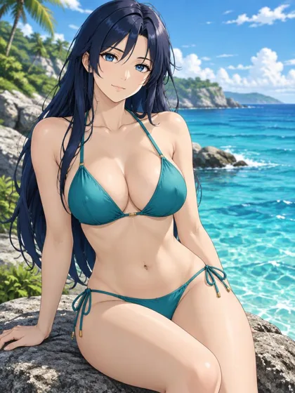 Aiko, an adult anime companion at the tropical seaside