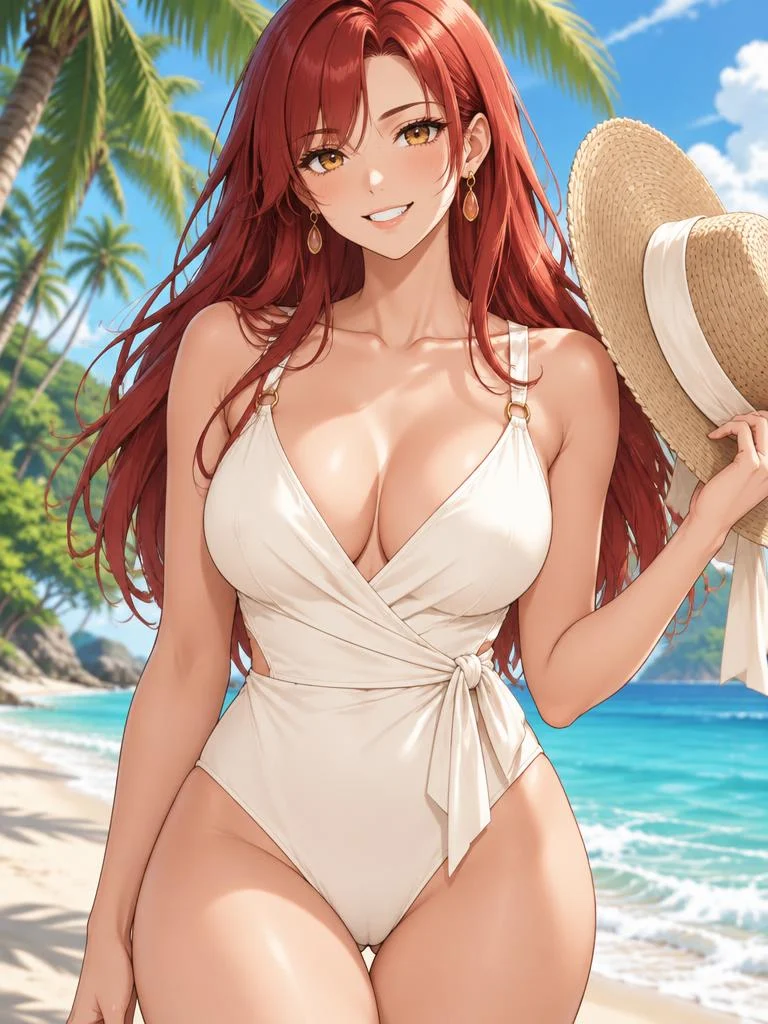 Ember, a fictional adult anime woman enjoying a tropical beach setting