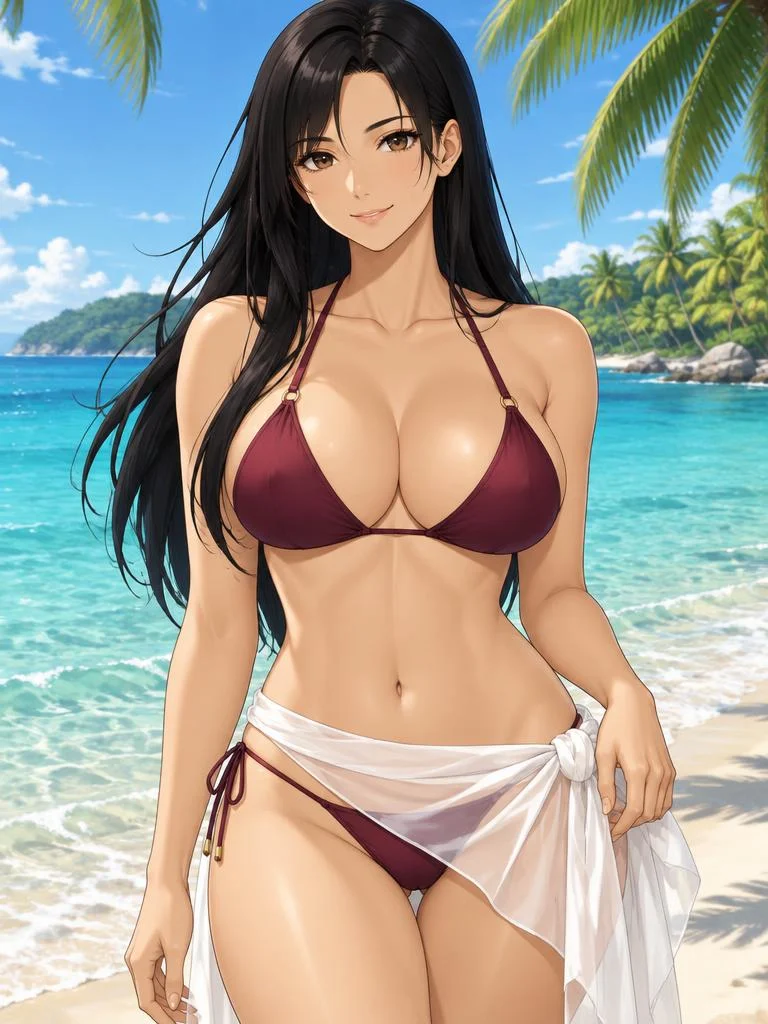 Reina, a fictional adult anime woman enjoying a tropical beach setting