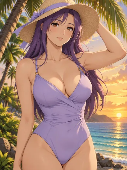 Yumi, an adult anime companion at the tropical seaside